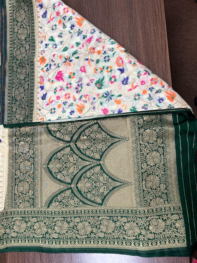 White color Banarasi Handloom Silk Multi Meena Zari Work Saree