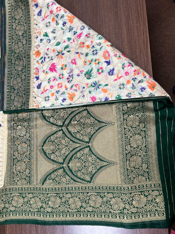 White color Banarasi Handloom Silk Multi Meena Zari Work Saree
