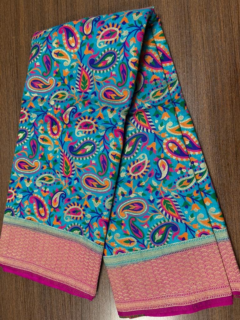 Sky blue color Banarasi Handloom Silk Multi Meena Zari Work Saree