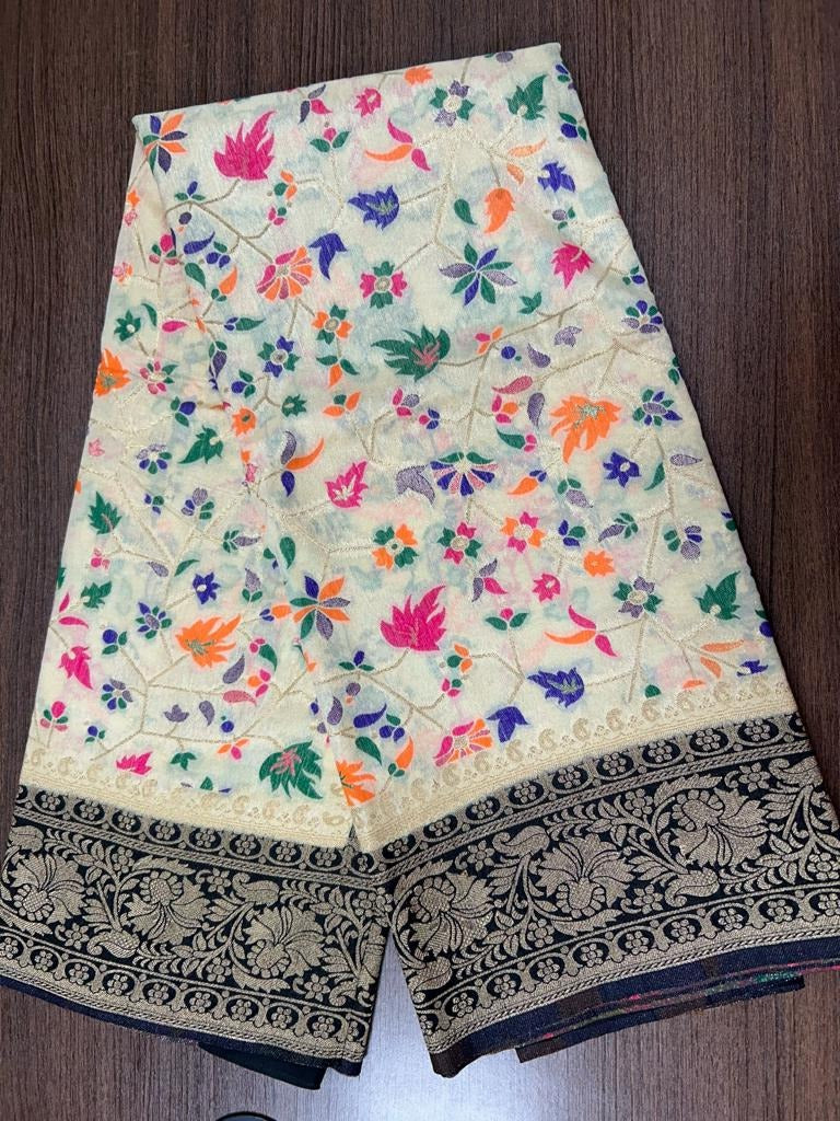 White color Banarasi Handloom Silk Multi Meena Zari Work Saree