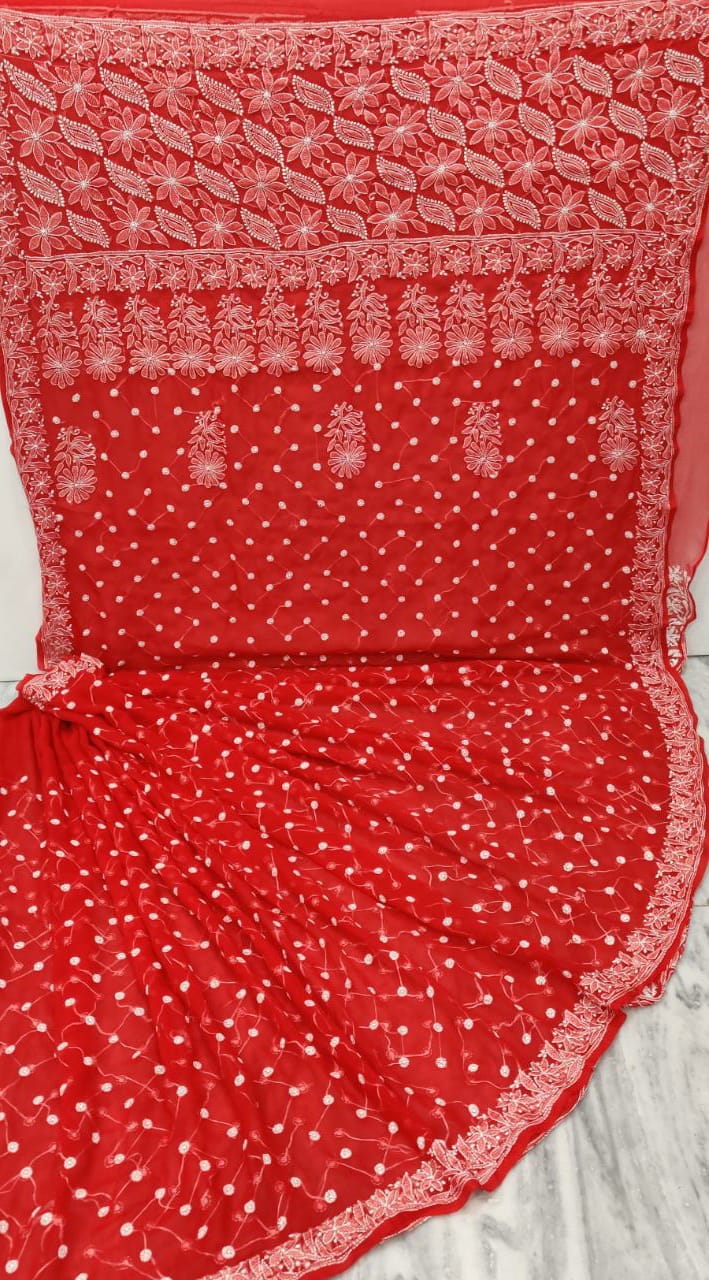 Pure Chiffon Georgette Chikankari Keel jaal work saree