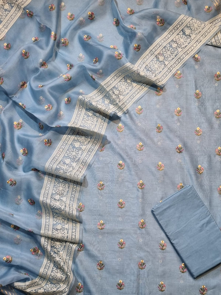 Pure Banarasi Chanderi Silk unstitched suit with  Organza Dupatta