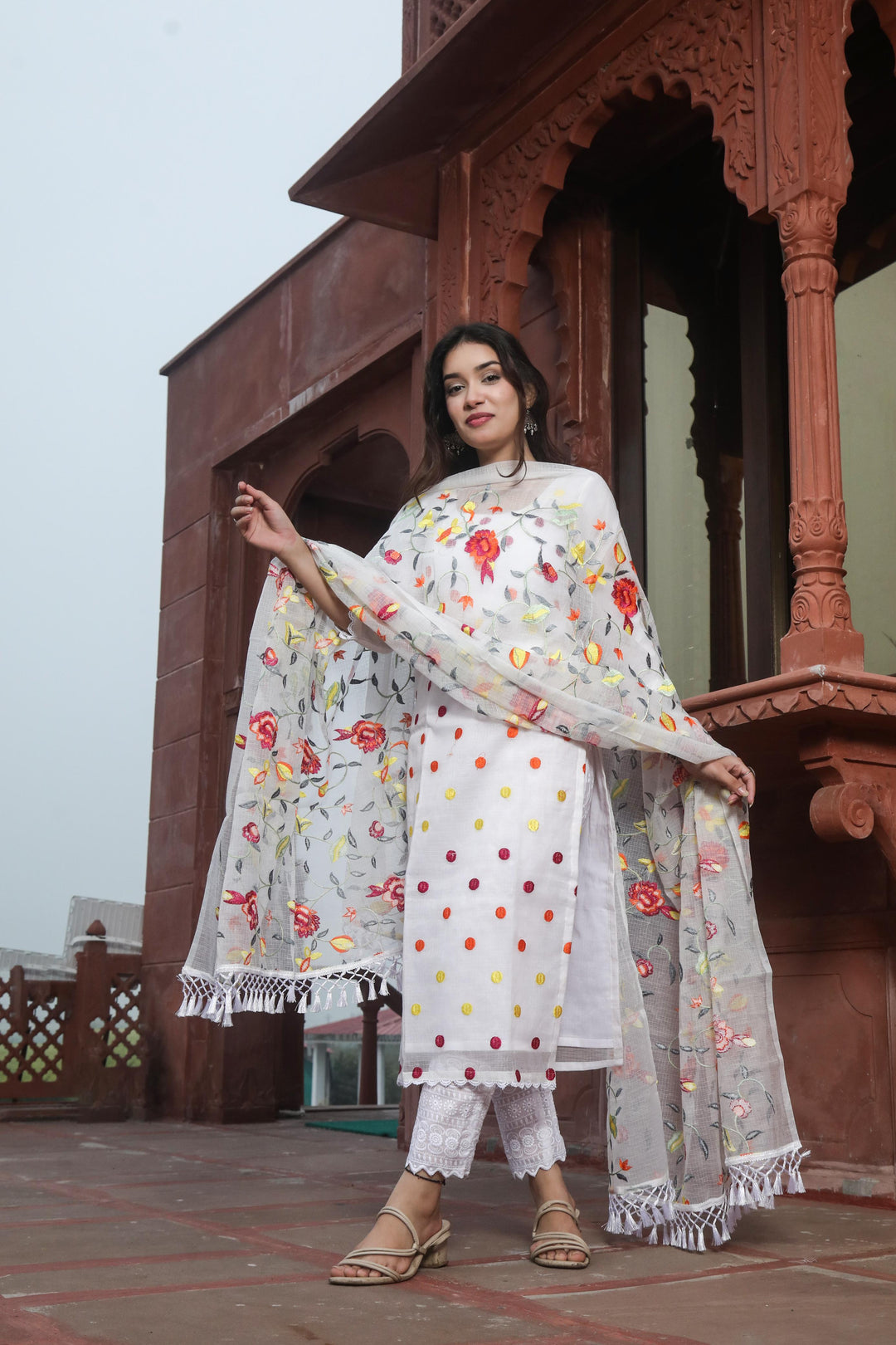 White Kota Doriya embroidery Work Unstitched Suits