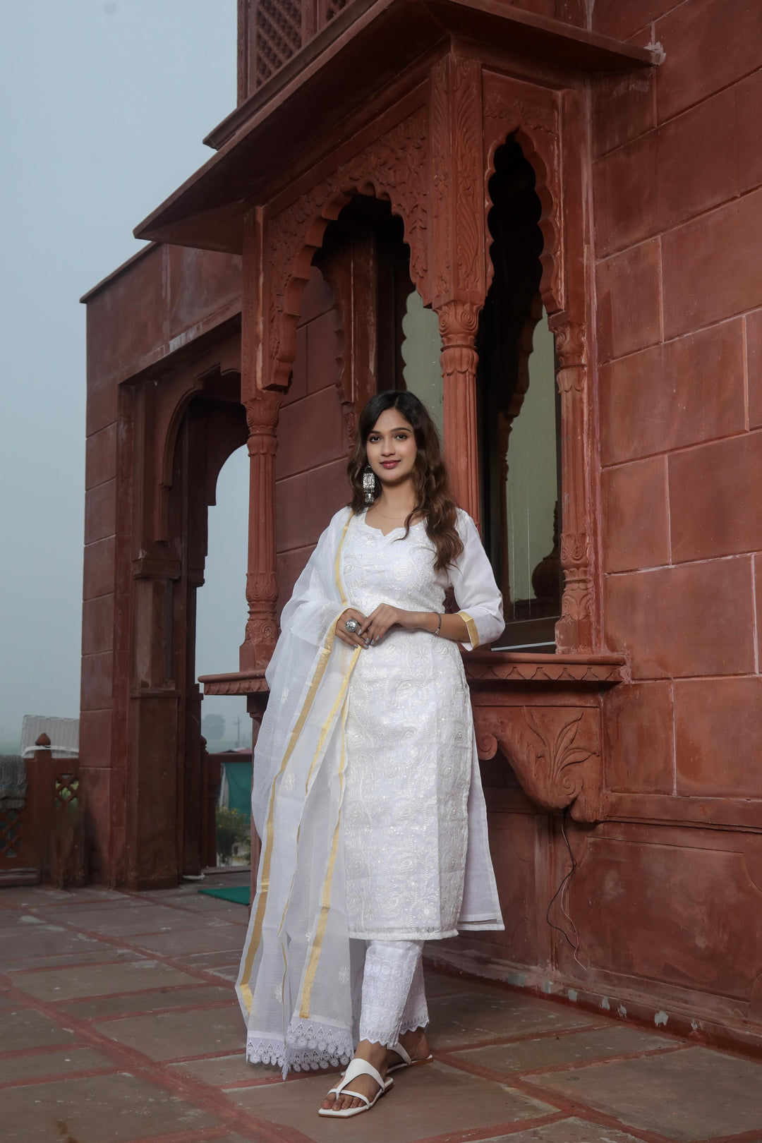 White Kota Doriya embroidery Work Unstitched Suits