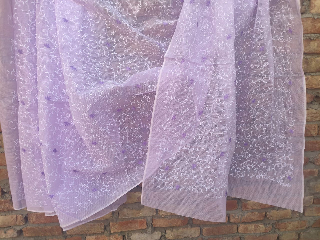 Kota Doria Embroidered Saree in Purple color