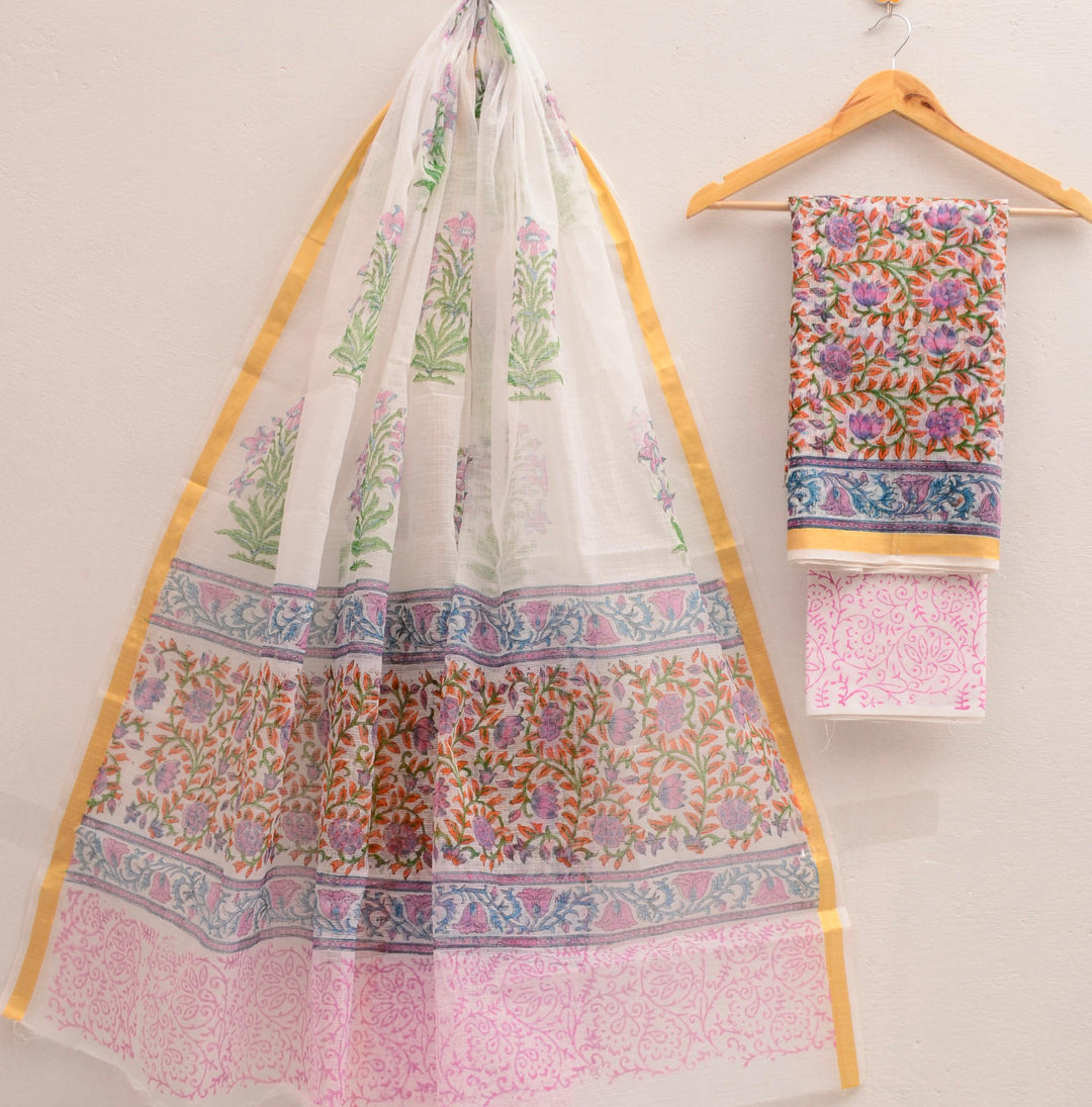 Exclusive Pure Hand Block Print Kota Doria Unstitched Suit set