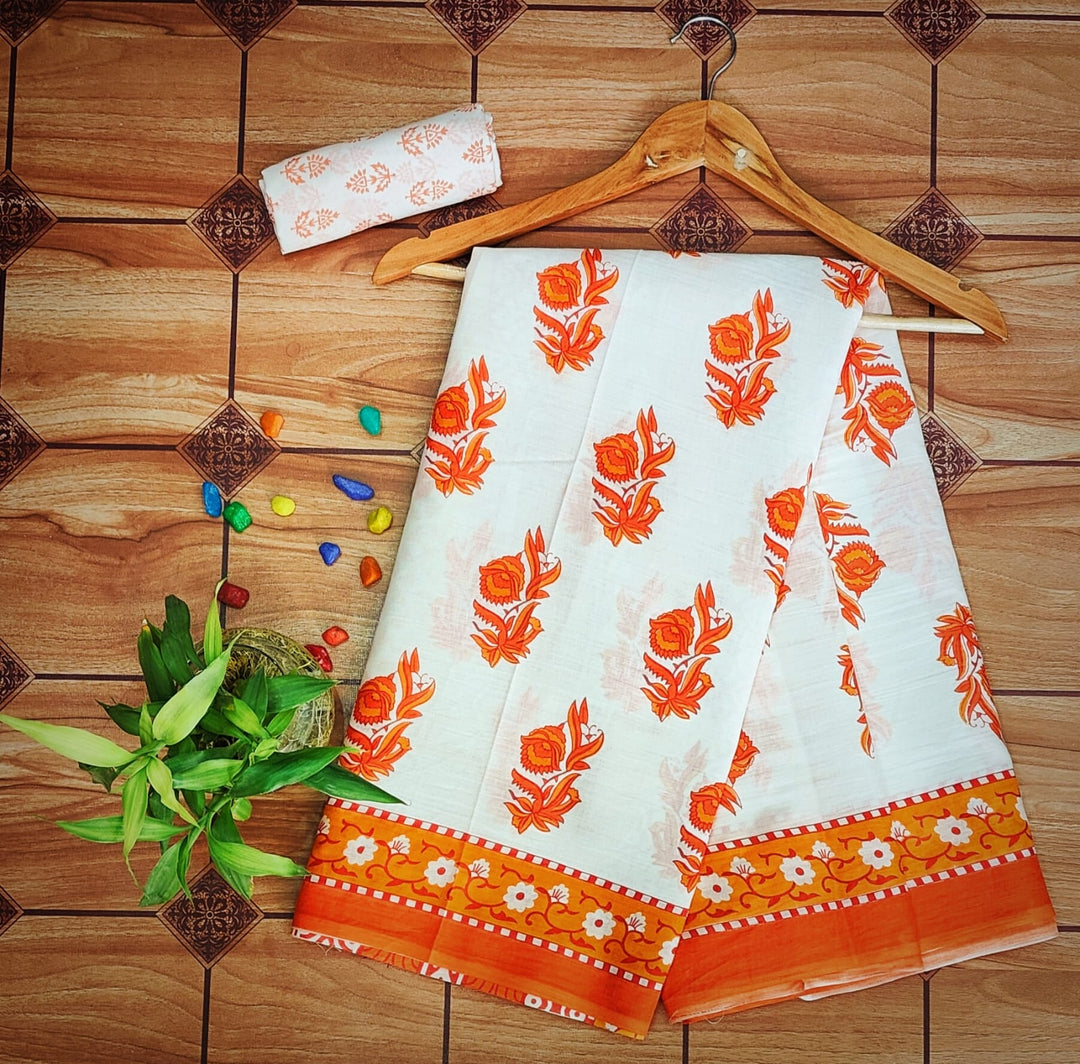 Pure Mul cotton Hand Block Priny saree with Blouse.