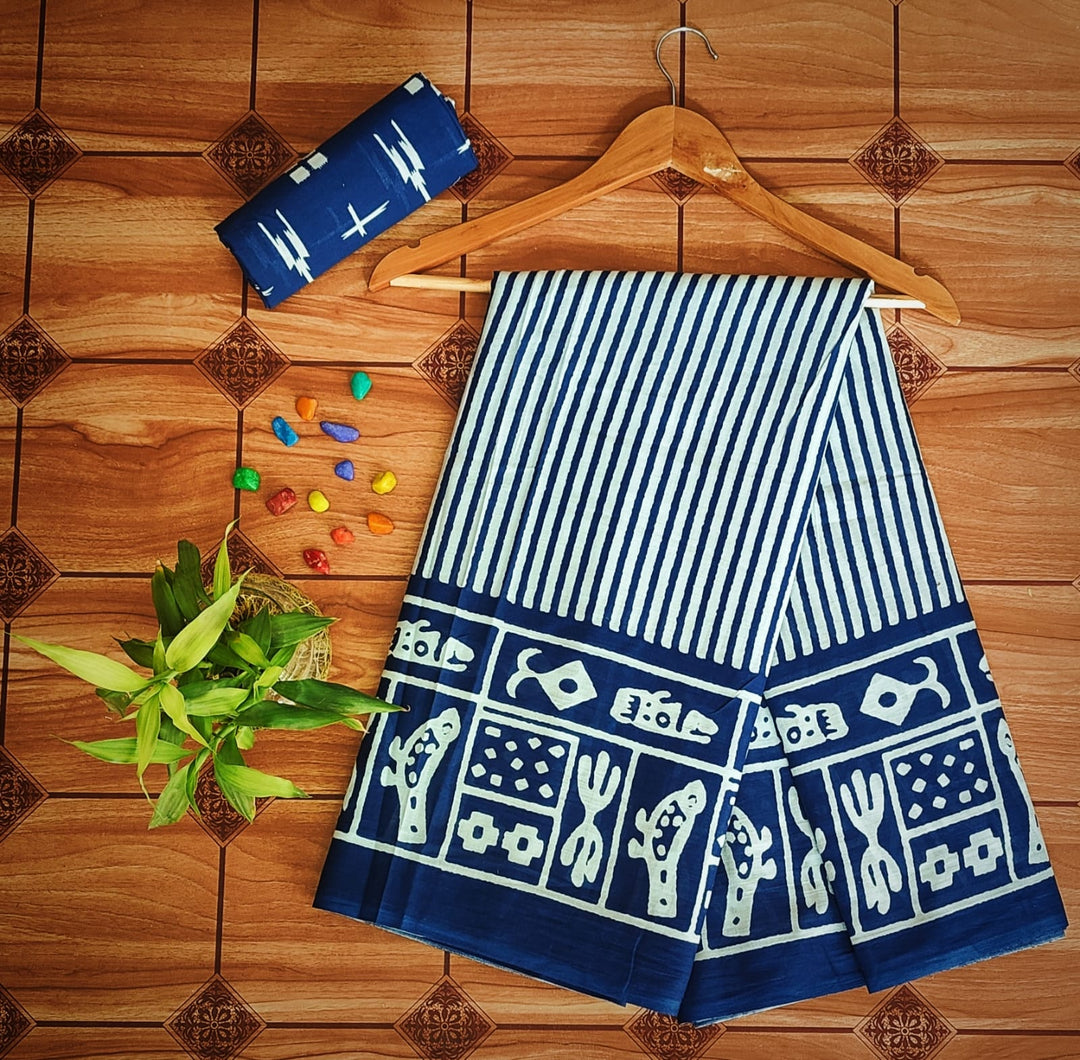 Pure Mul cotton Hand Block Priny saree with Blouse.