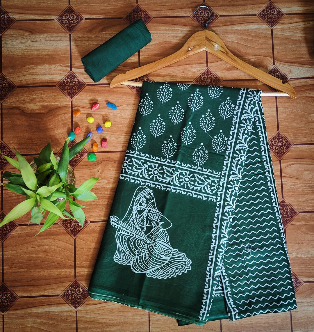 Pure Mul cotton Hand Block Priny saree with Blouse.