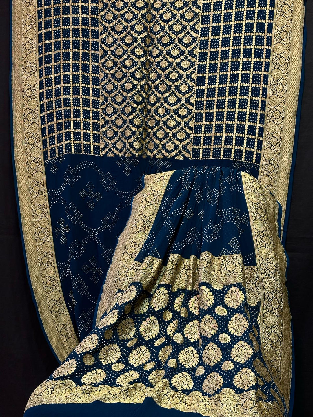 Pure Khaddi Chiffon Georgette with real metallic tested zari handwoven saree with full RAEE BANDHEJ WORK