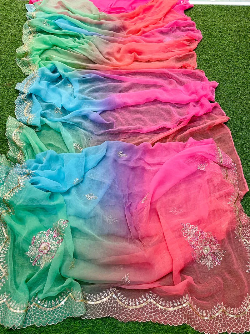 Multi color Pure Jaipuri Chiffon Hand Work Saree