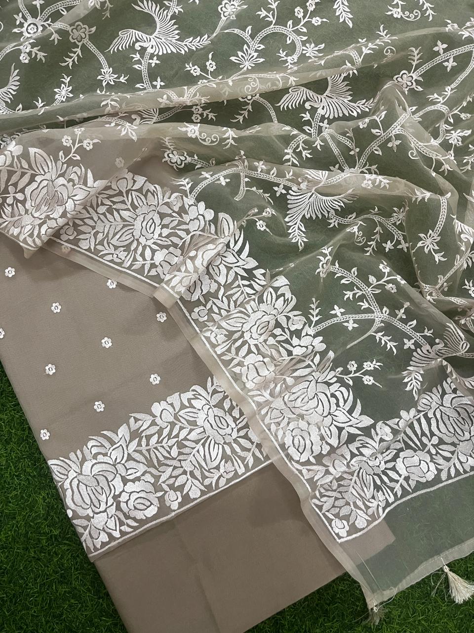 Pure Banarasi Organza Unstitched Suit with Parsi Gara Work