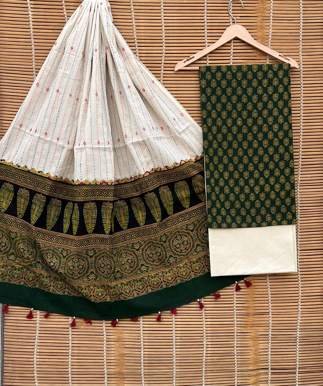Pure Cotton Azrakh Print Unstitched suit With Azrakh Pallu Dupatta.
