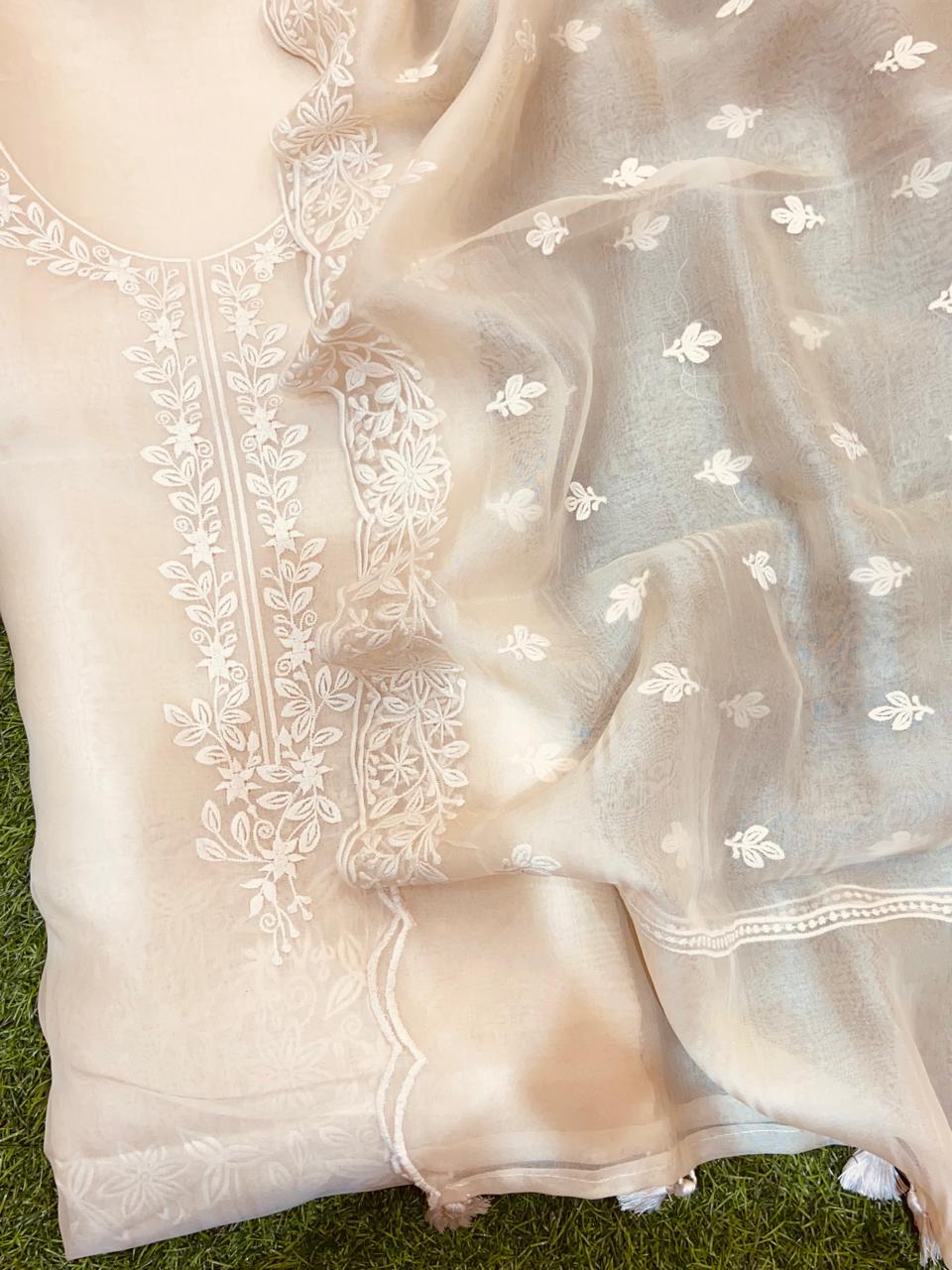 Beautiful pure banarasi organza unstitched suit with Embroidery and cutwork