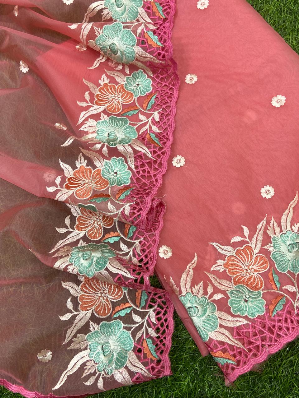 Women Boutique Collection Handwok Organza Banarasi Semi Stitched Suit with Bottom and Dupatta