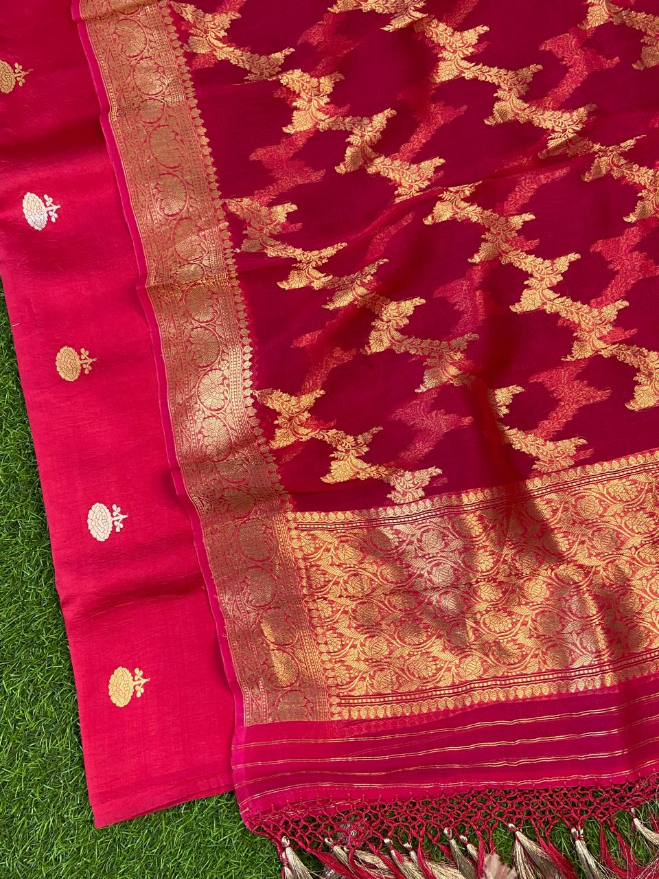 Pure Banarasi Puna Silk Khaddi Khadwa Suit with Organza Silk Khadwa Work Dupatta
