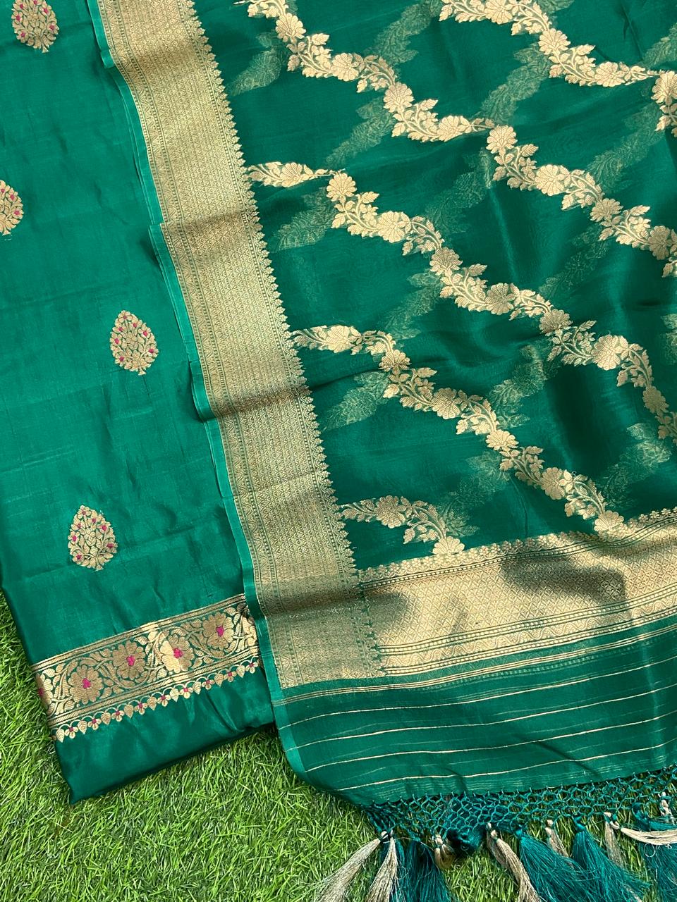 Pure Banarasi Puna Silk Khaddi Khadwa Suit with Organza Silk Khadwa Work Dupatta