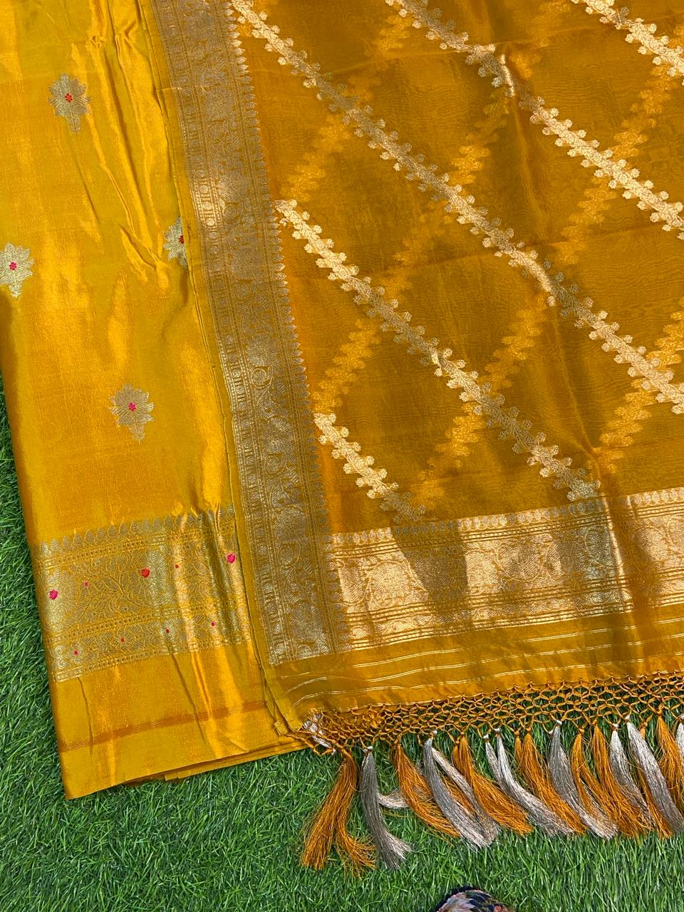 Pure Banarasi Puna Silk Khaddi Khadwa Suit with Organza Silk Khadwa Work Dupatta