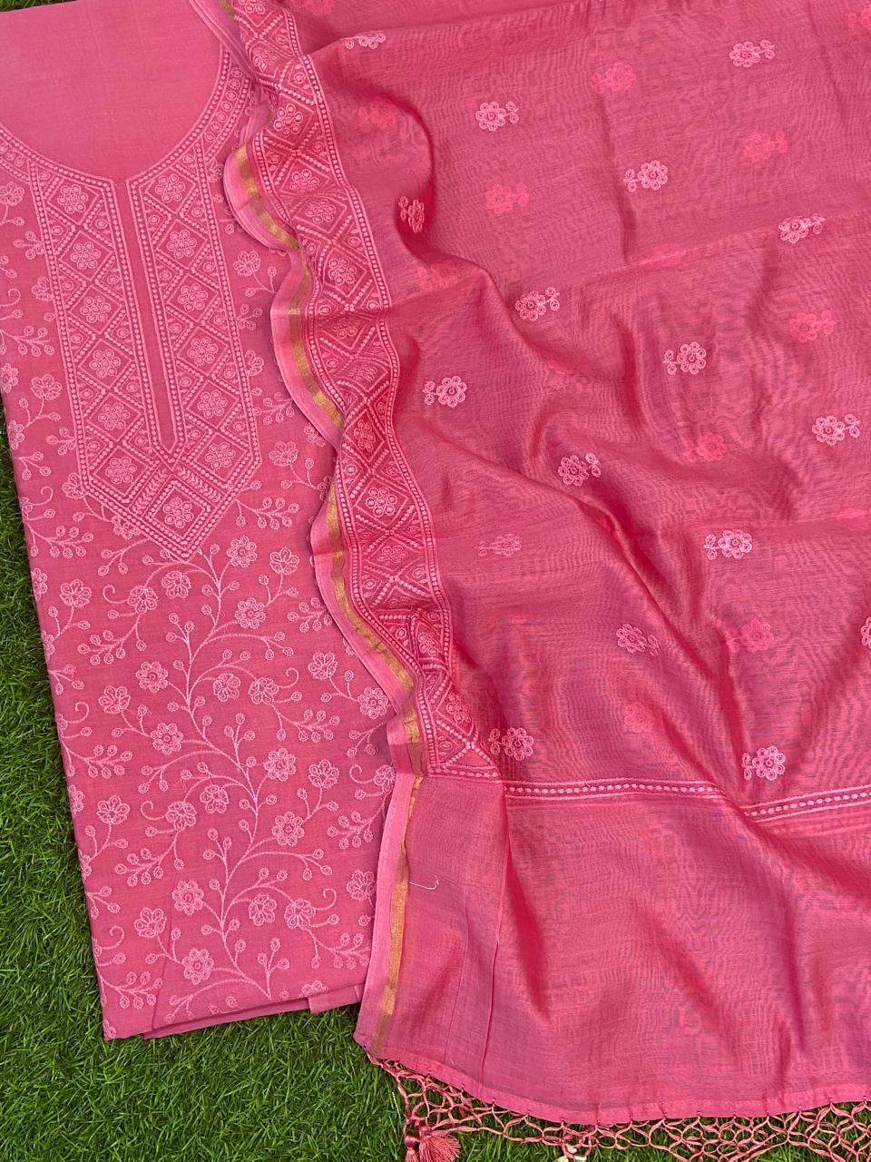 Pure Banarasi Chanderi Silk Unstitched Suit with Beautiful Neck Embroidery