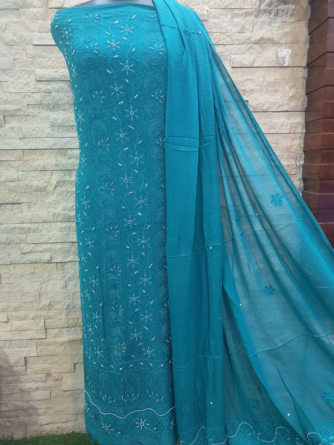 Viscose Georgette unstitched 2 pcs suit set with chikankari and pearl cutdana work