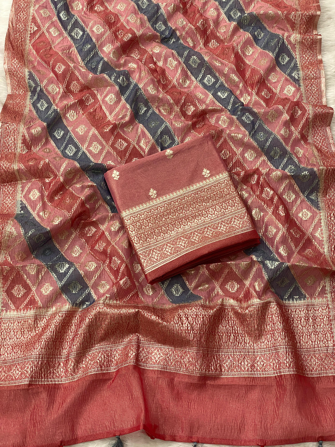 Pure Banarasi Tissue Silk Zari weaved unstitched suit with tissue crushed Dupatta