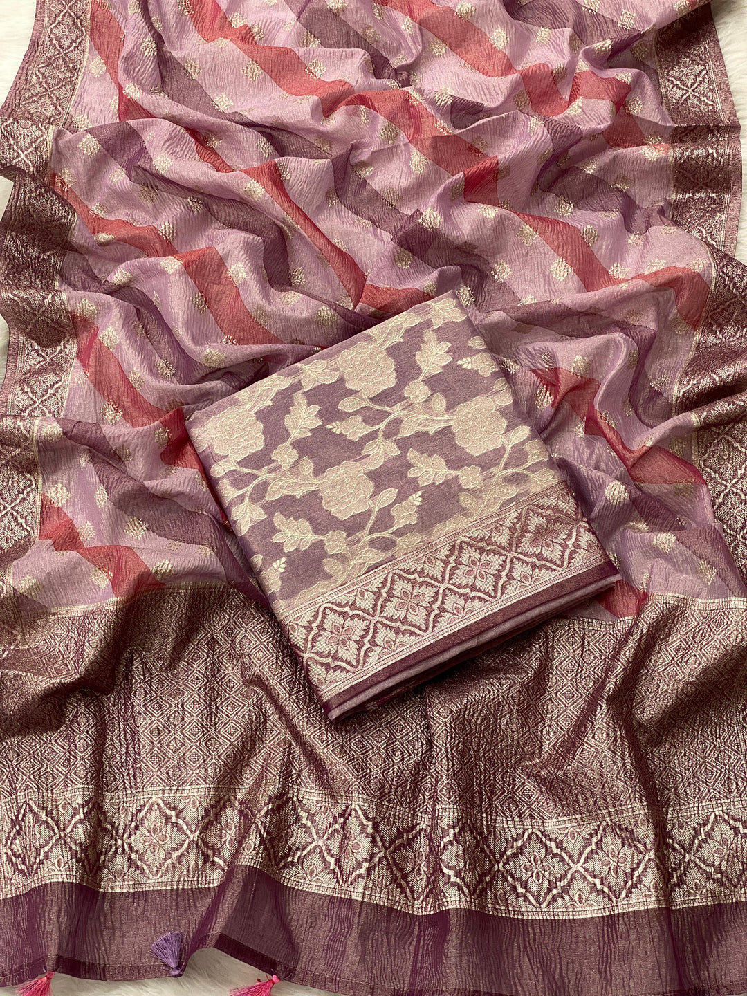 Pure Banarasi Tissue Silk Zari weaved unstitched suit with tissue crushed Dupatta