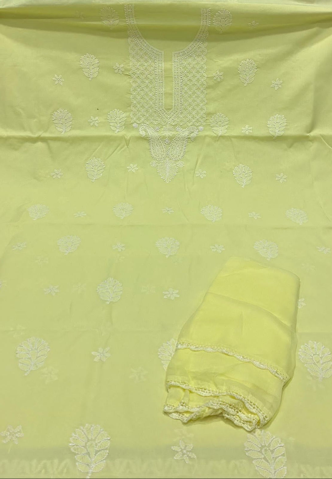 Pure Cotton 3pc Chikankari Unstitched suit with chiffon Dupatta