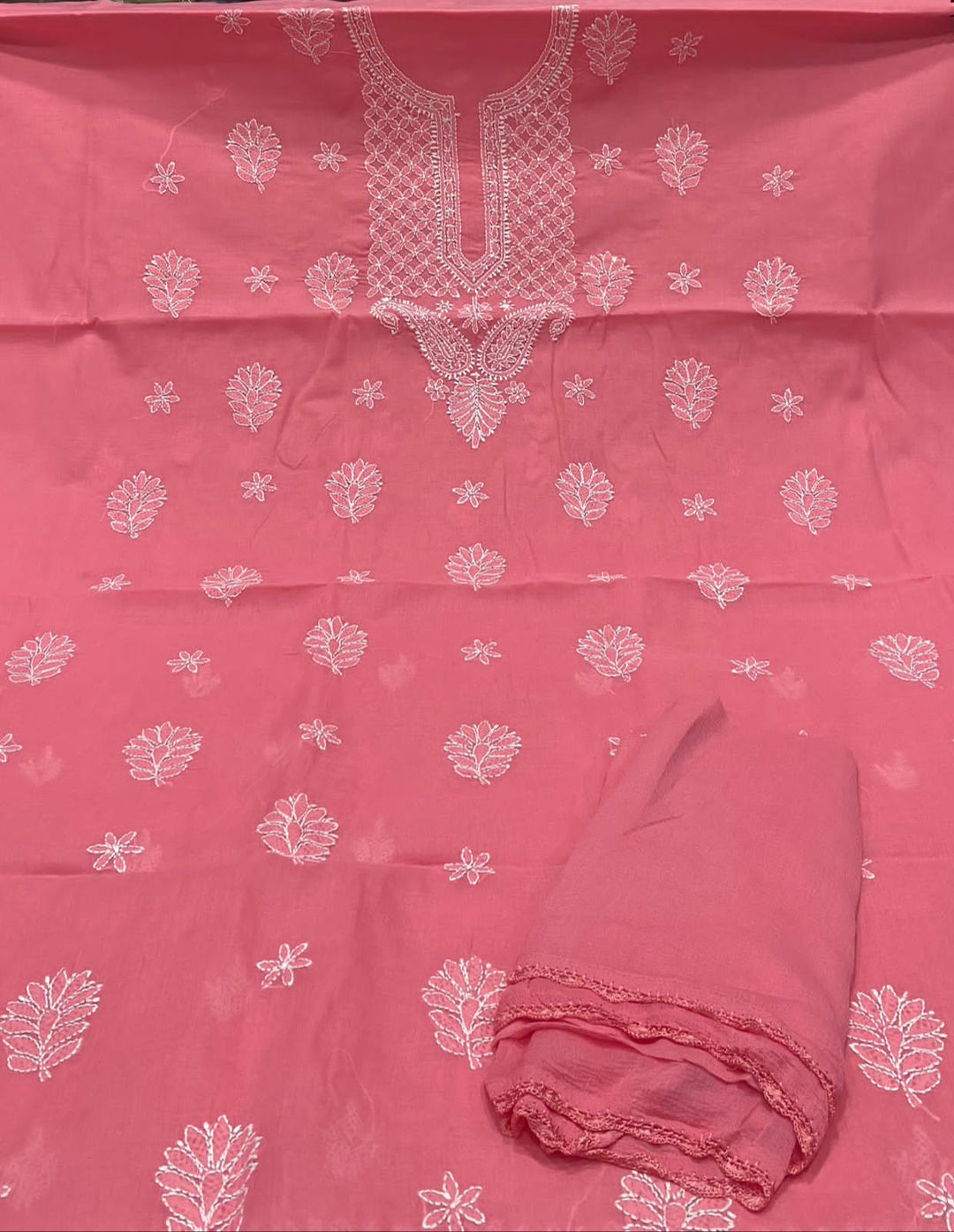 Pure Cotton 3pc Chikankari Unstitched suit with chiffon Dupatta