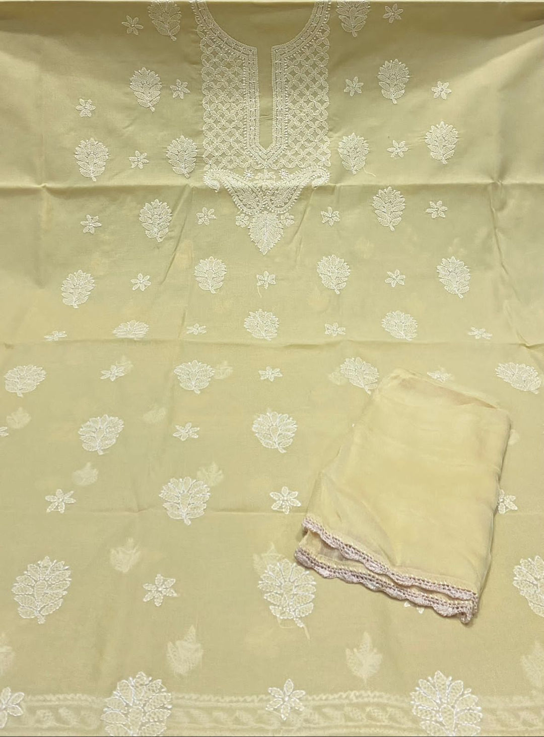 Pure Cotton 3pc Chikankari Unstitched suit with chiffon Dupatta