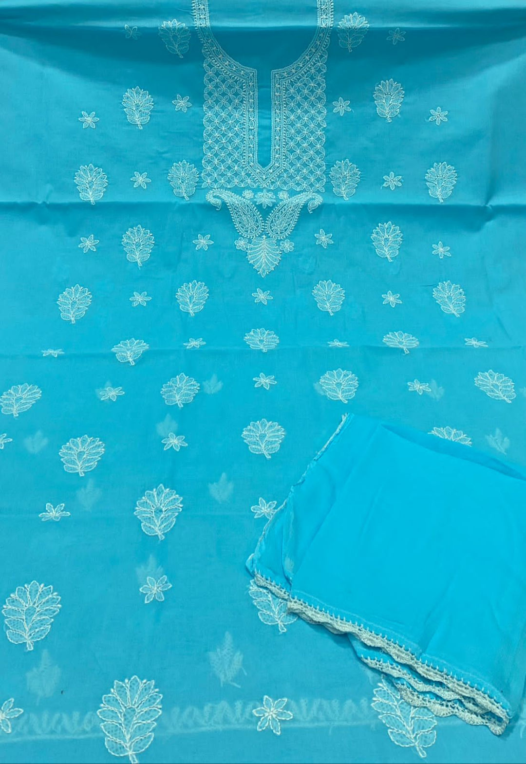 Pure Cotton 3pc Chikankari Unstitched suit with chiffon Dupatta