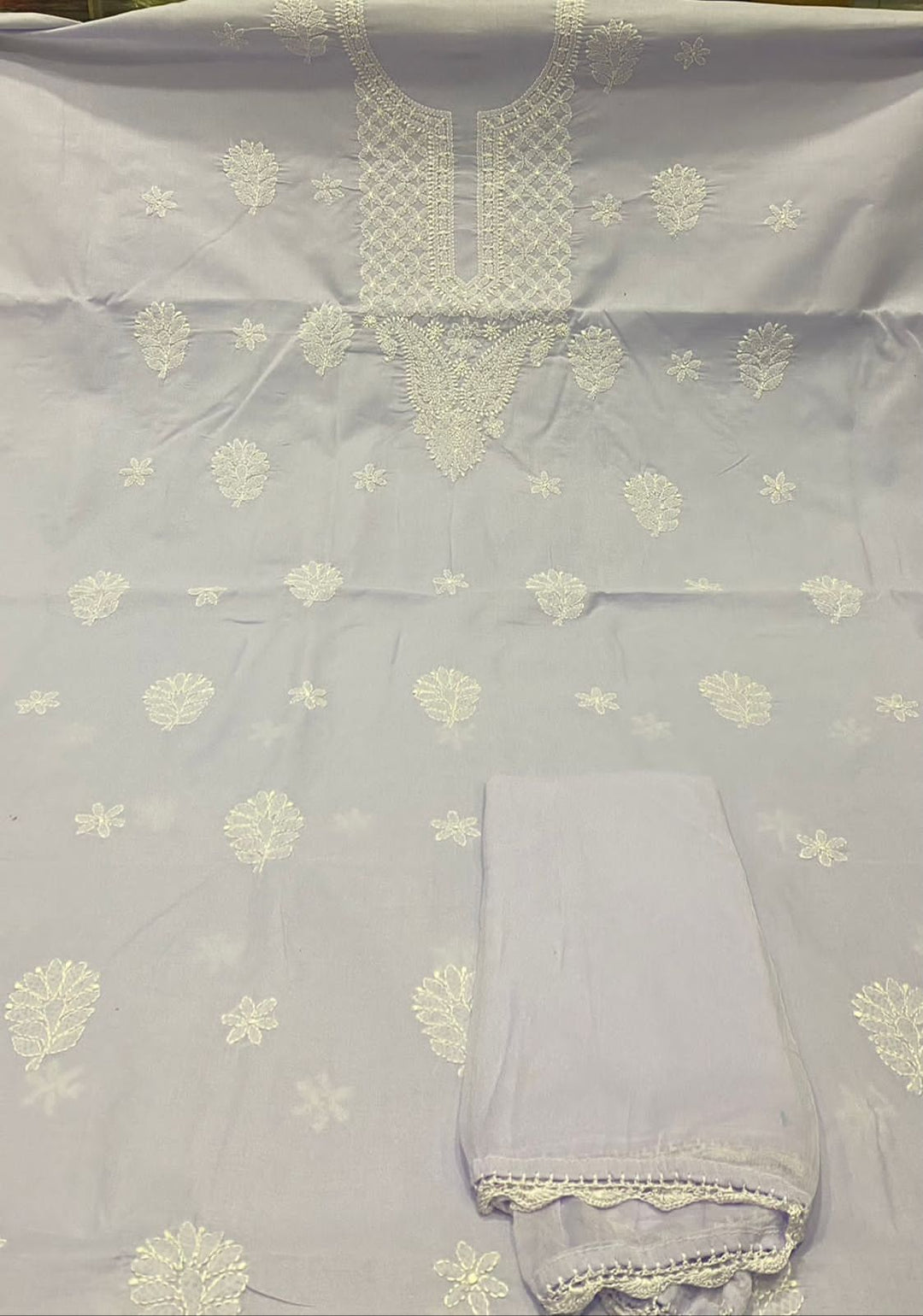 Pure Cotton 3pc Chikankari Unstitched suit with chiffon Dupatta