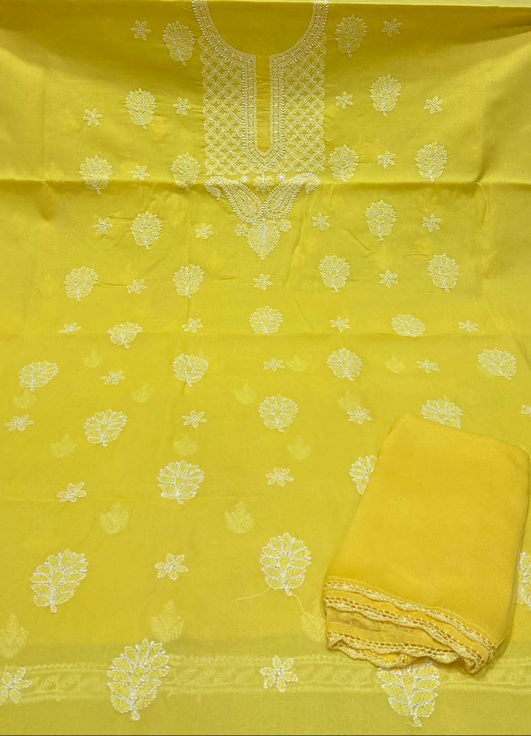 Pure Cotton 3pc Chikankari Unstitched suit with chiffon Dupatta