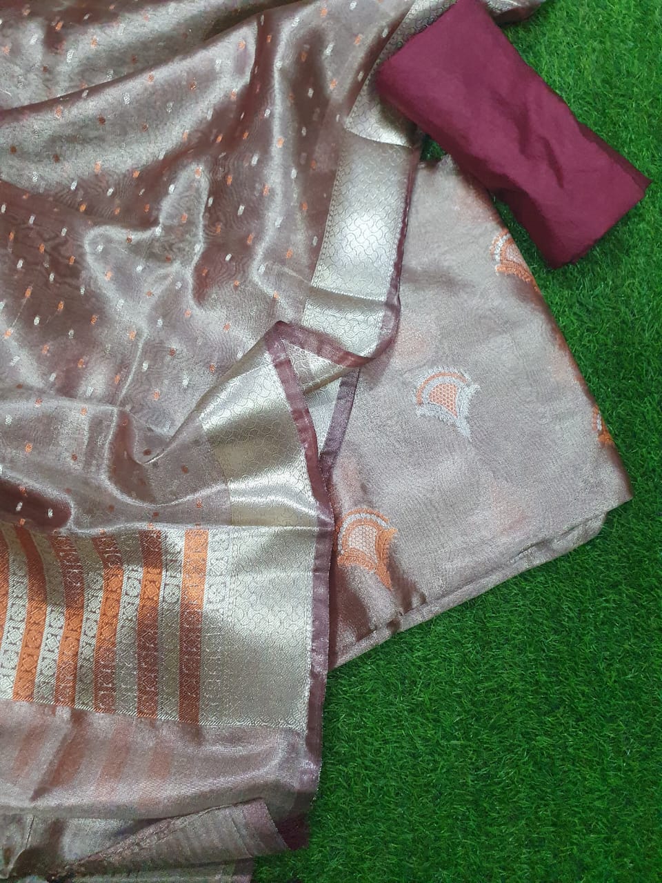 Banarasi Tissue Silk Unstitched Suit with Crushed Tissue Dupatta