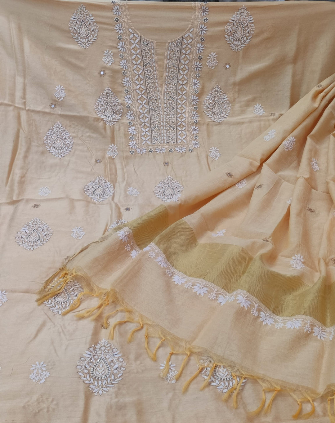 Pure Chanderi Silk 70 gm with Beautiful hand chikankari work embellished with moti work 2PC unstitched Suit