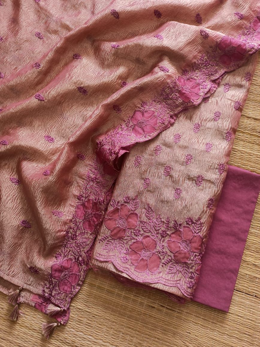 Pure Banarasi Organza Crushed Tissue Silk Unstitched Suit with elegant applique work