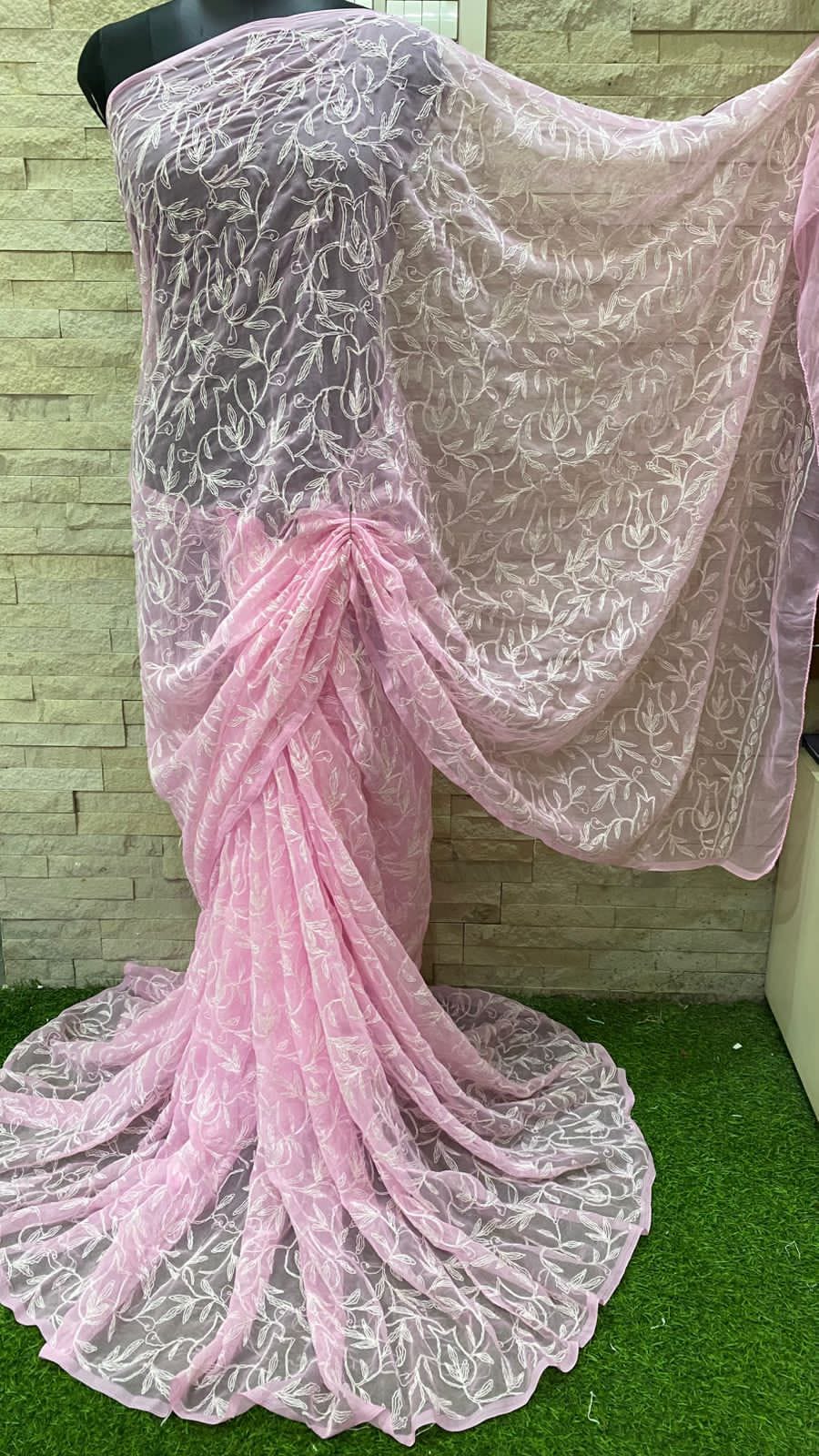Pure Georgette Chikankari Tepchi Jaal Work Saree.