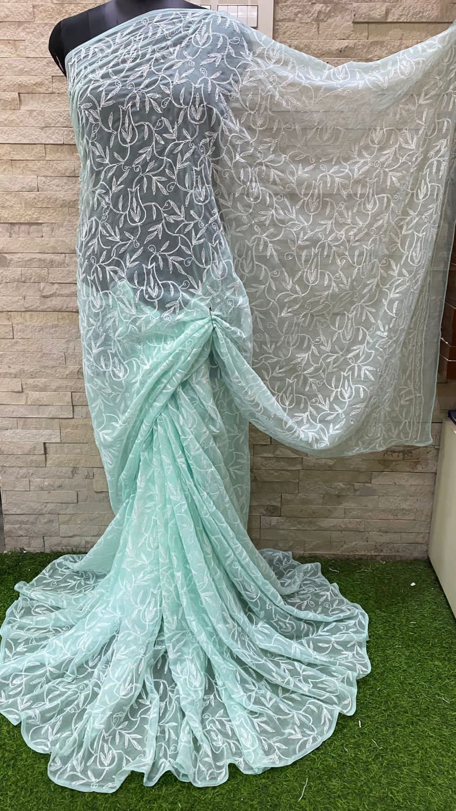 Pure Georgette Chikankari Tepchi Jaal Work Saree.