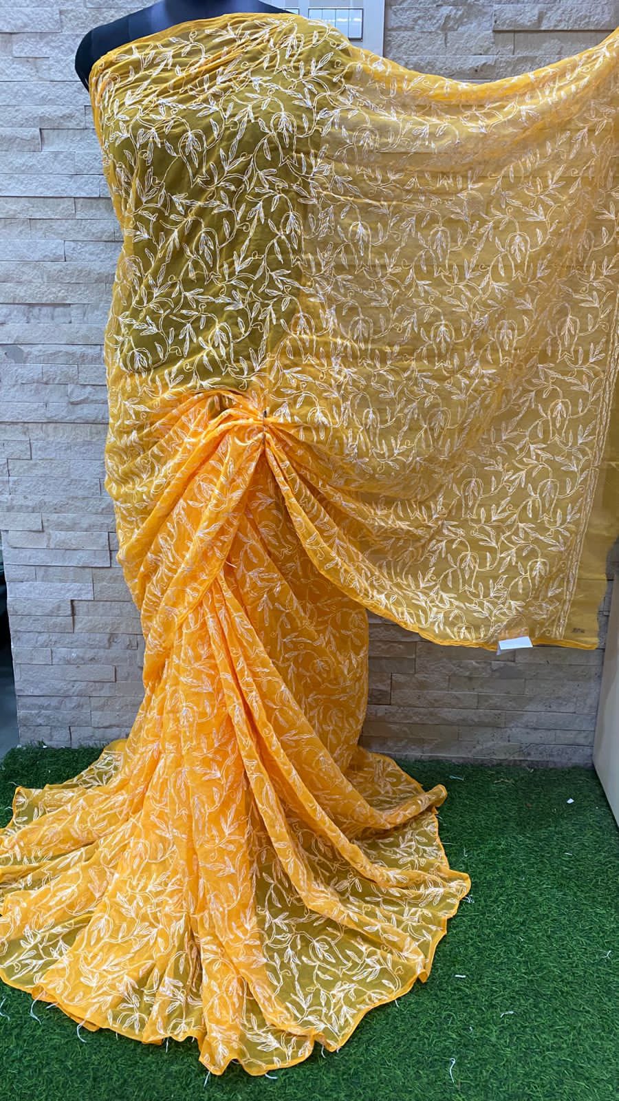 Pure Georgette Chikankari Tepchi Jaal Work Saree.