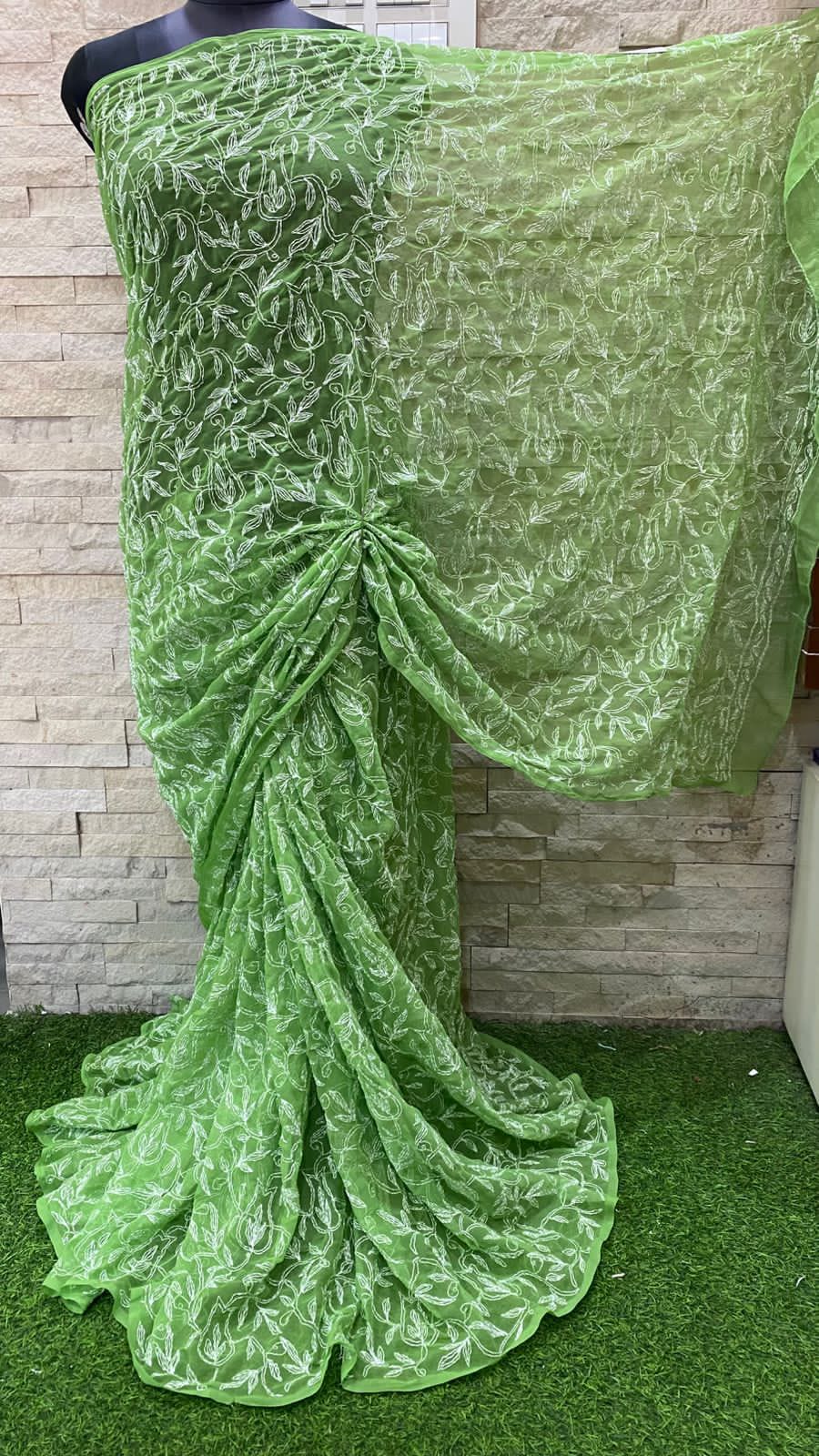 Pure Georgette Chikankari Tepchi Jaal Work Saree.