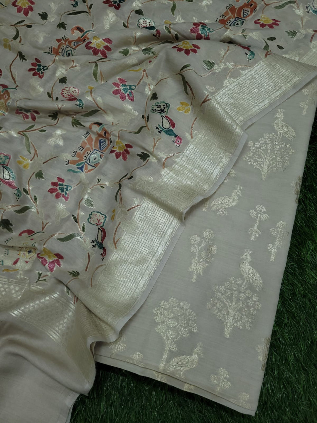 Pure Munga Silk Handloom weaved Unstitched Suit with Hand painted Munga silk Dupatta