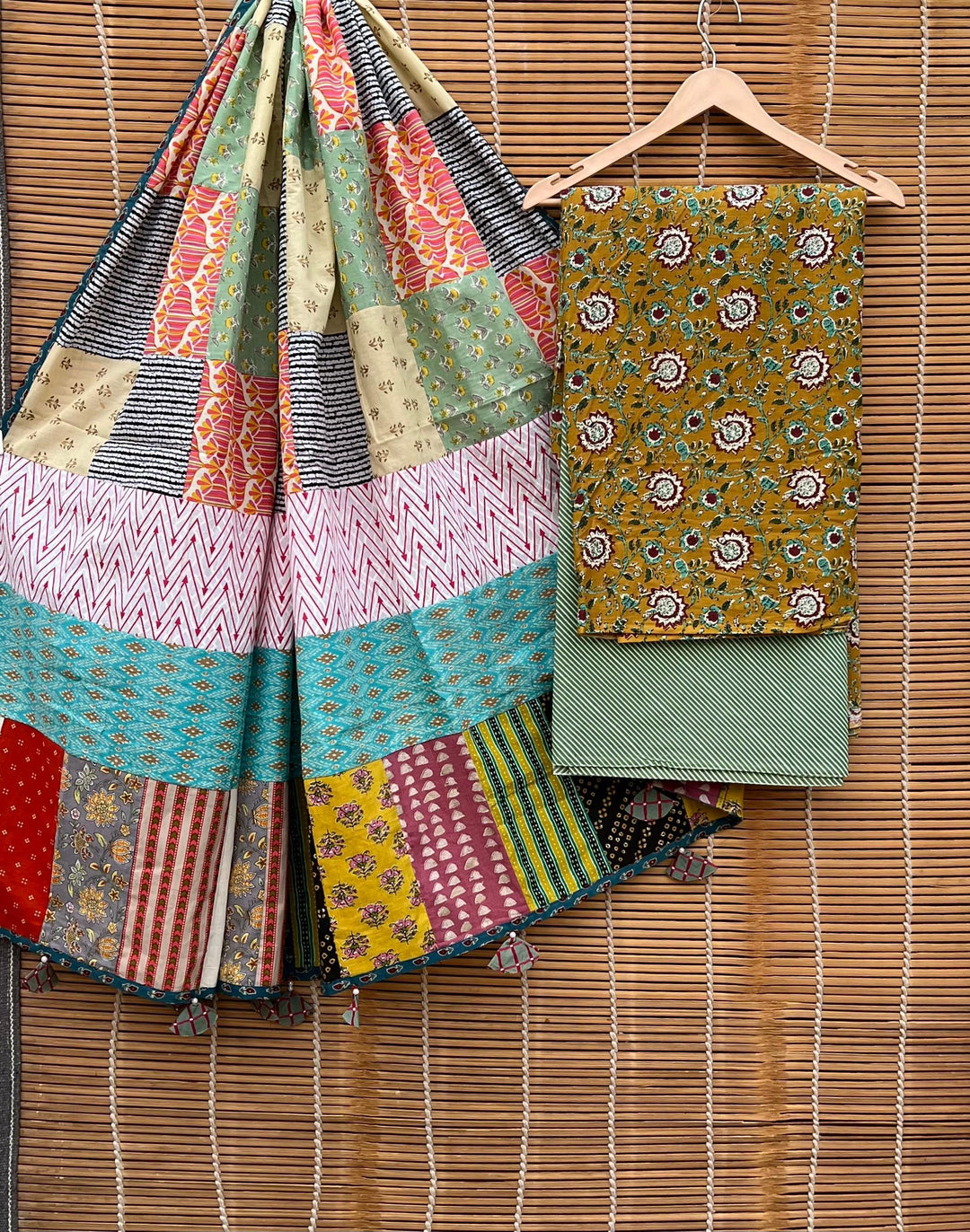 Pure Cotton Azrakh Print Unstitched suit With Azrakh Patchwork Dupatta