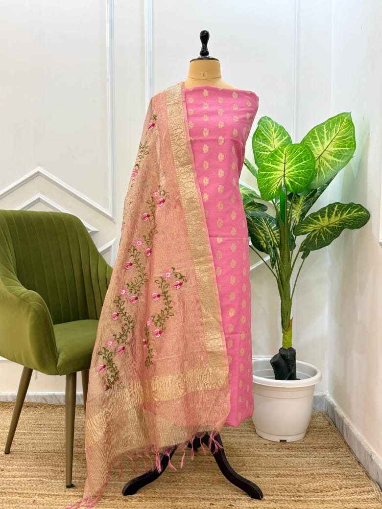 Banarasi Unstitched Suit with Tissue Silk Dupatta with embroidery work