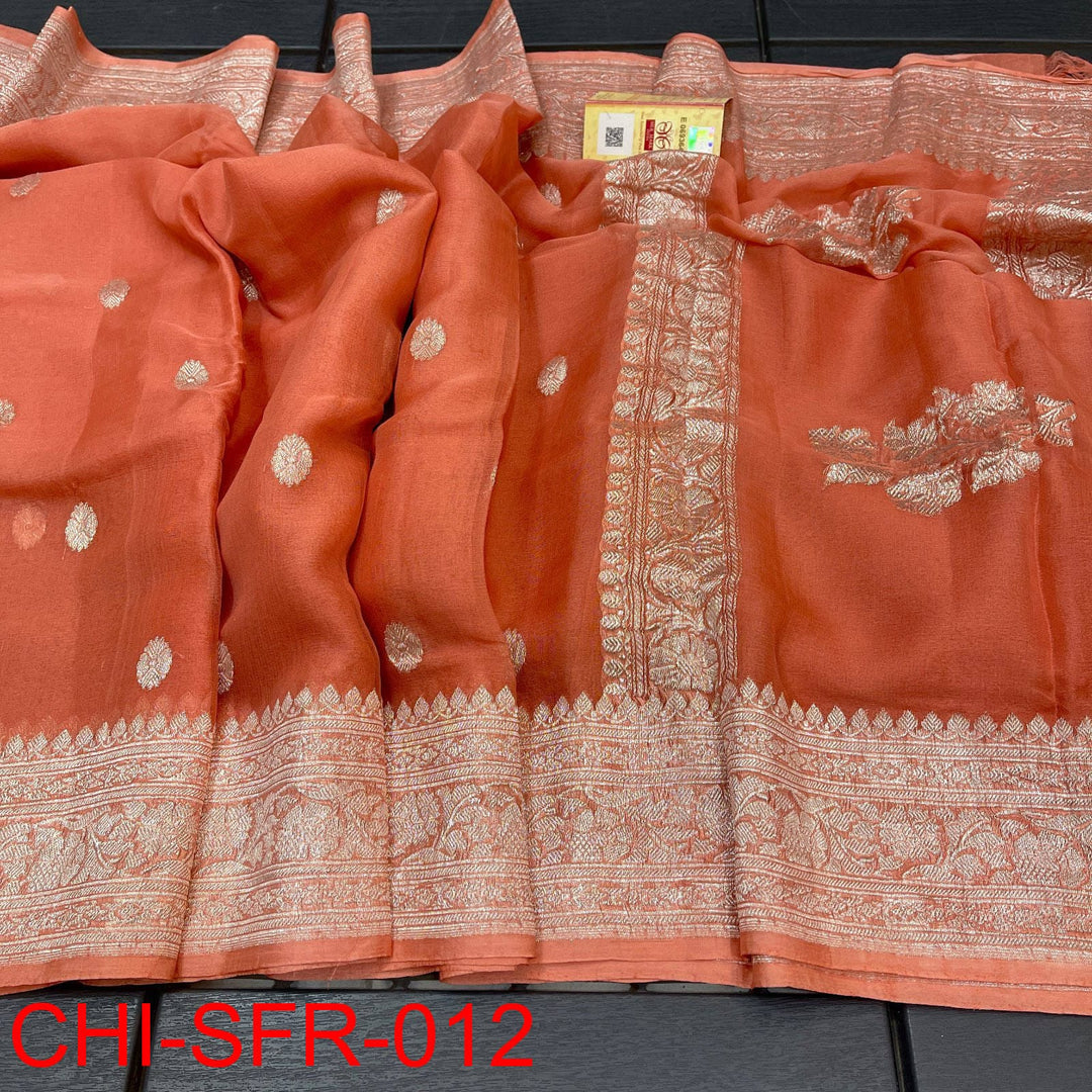 Pure Hand loom Khaddi Chiffon Georgette Saree with Silver Zari Weaving