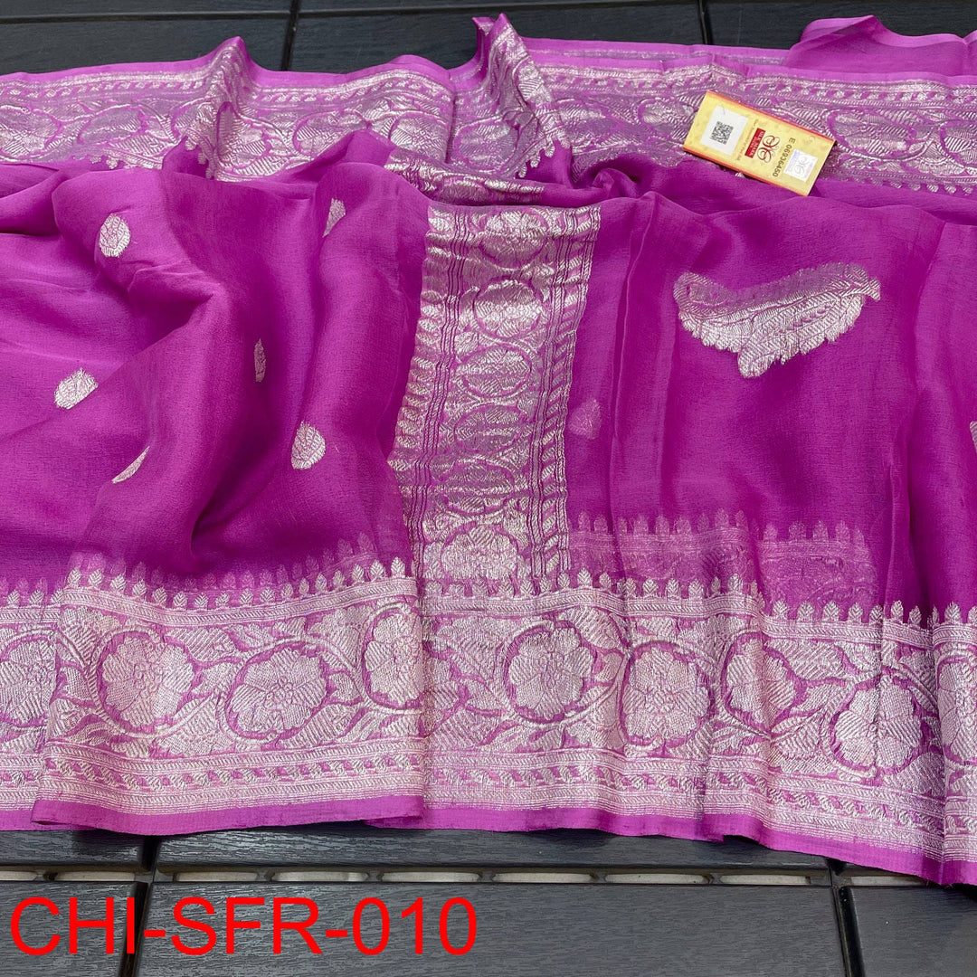 Pure Hand loom Khaddi Chiffon Georgette Saree with Silver Zari Weaving