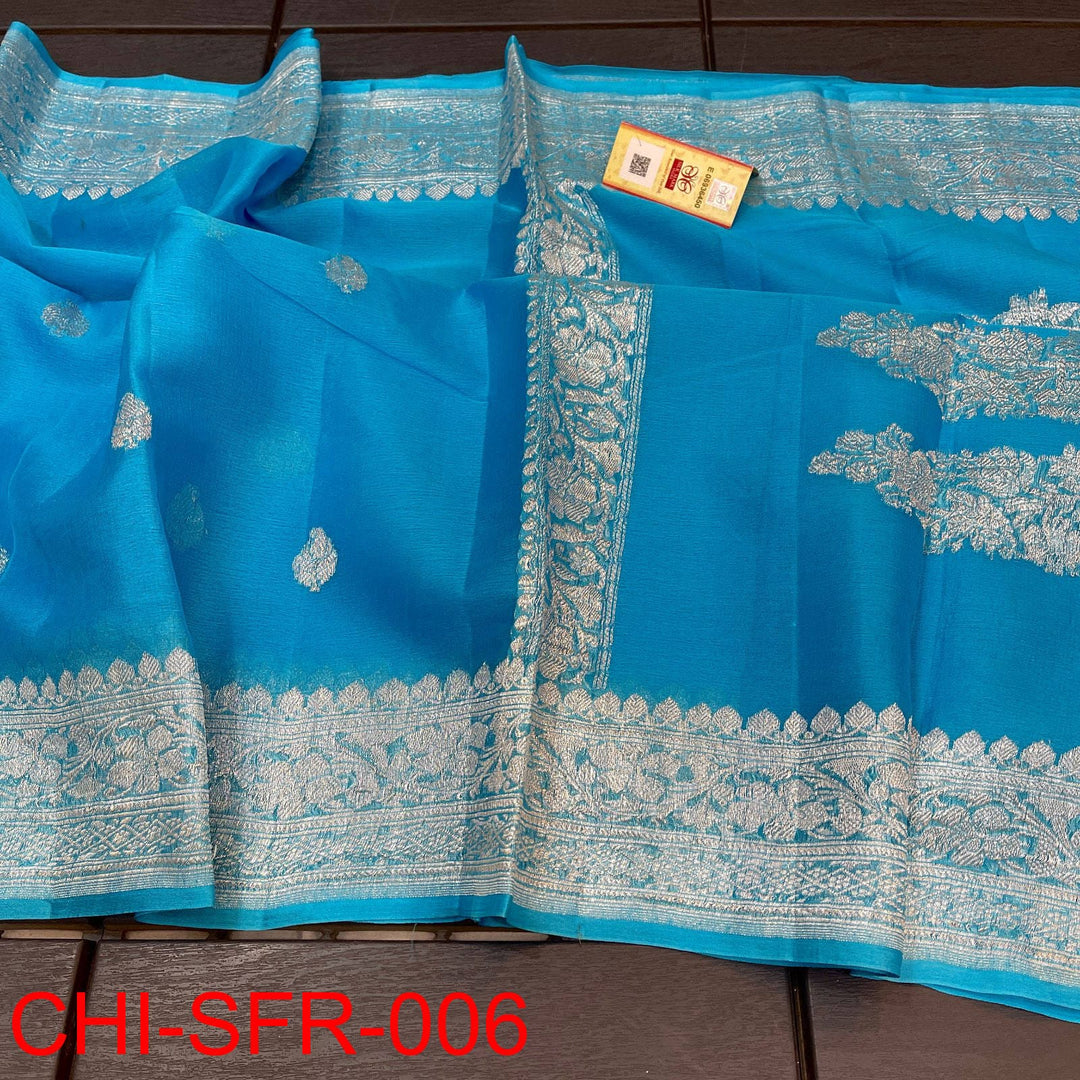 Pure Hand loom Khaddi Chiffon Georgette Saree with Silver Zari Weaving