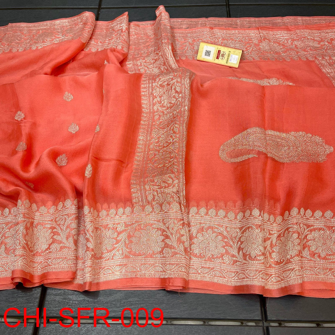 Pure Hand loom Khaddi Chiffon Georgette Saree with Silver Zari Weaving