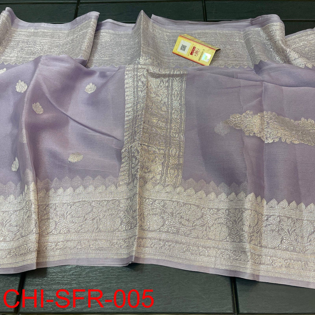 Pure Hand loom Khaddi Chiffon Georgette Saree with Silver Zari Weaving