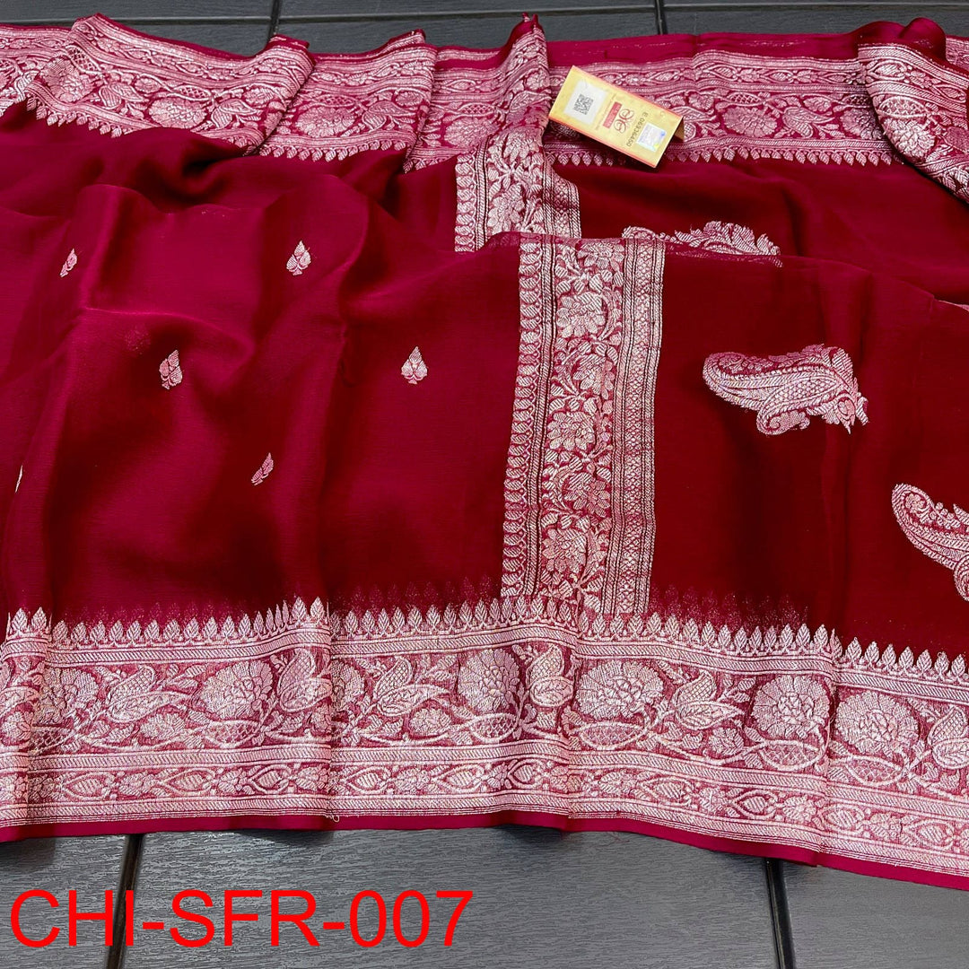 Pure Hand loom Khaddi Chiffon Georgette Saree with Silver Zari Weaving