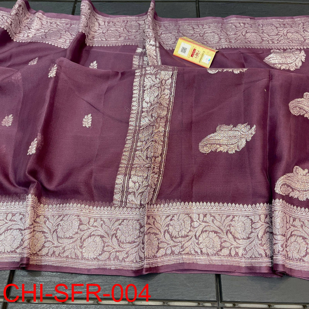 Pure Hand loom Khaddi Chiffon Georgette Saree with Silver Zari Weaving