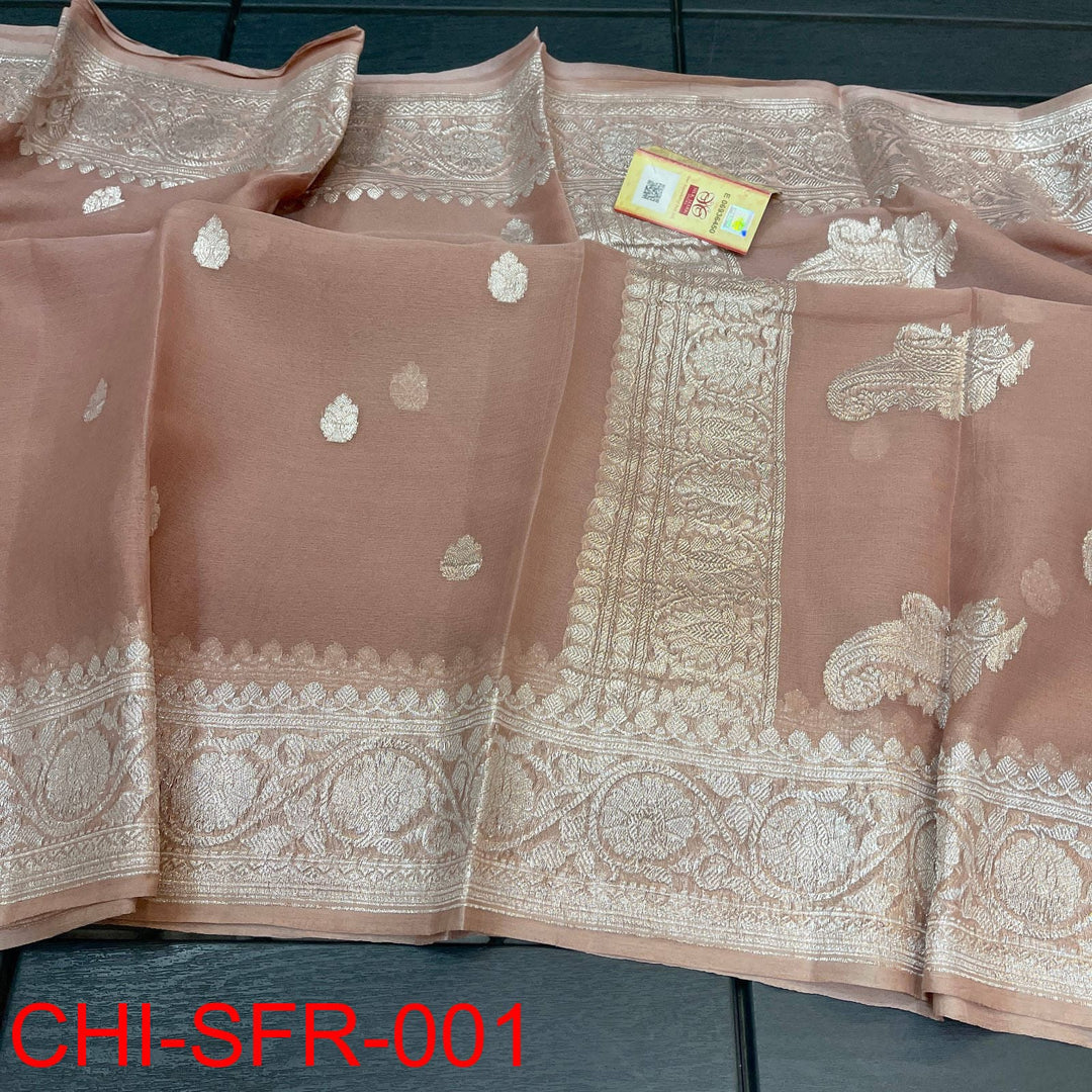 Pure Hand loom Khaddi Chiffon Georgette Saree with Silver Zari Weaving